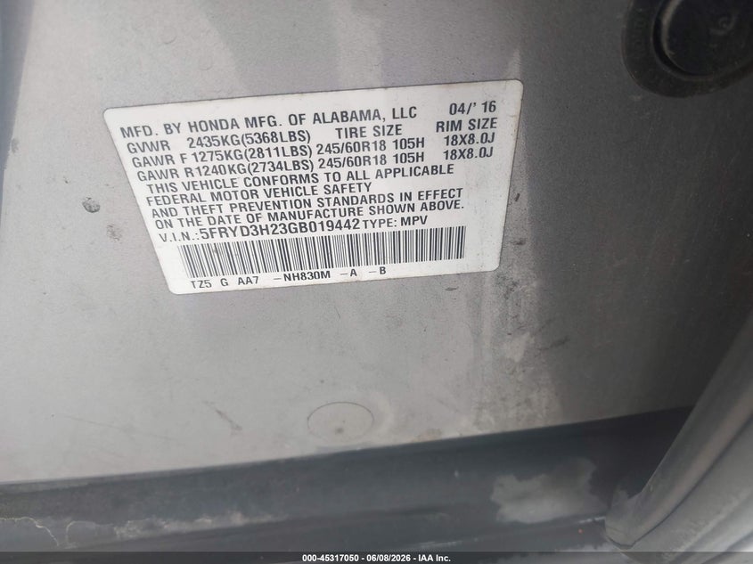 2016 Acura Mdx VIN 5FRYD3H23GB019442 IAAI salvage auction — RIGHT FRONT, Salvage Title, sold $1,600 on 2026-09-04 (photo 9)