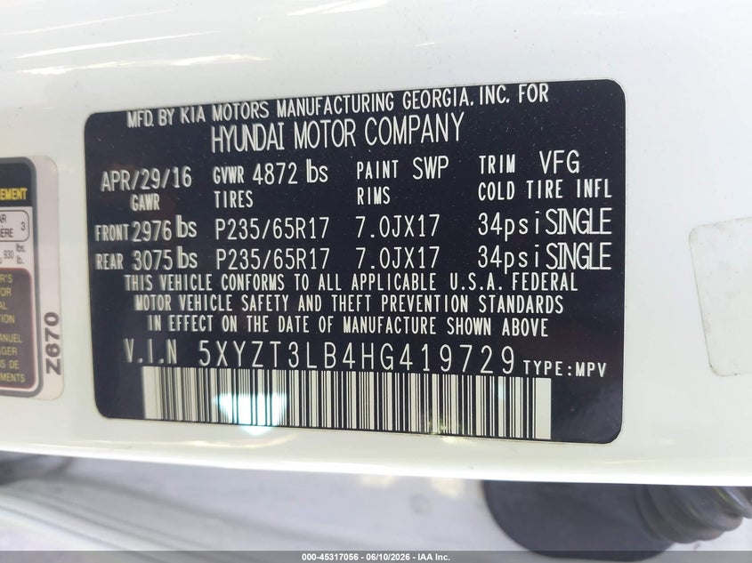 2017 Hyundai Santa fe VIN 5XYZT3LB4HG419729 IAAI salvage auction — NORMAL WEAR, Salvage Title, sold $3,200 on 2026-07-14 (photo 9)