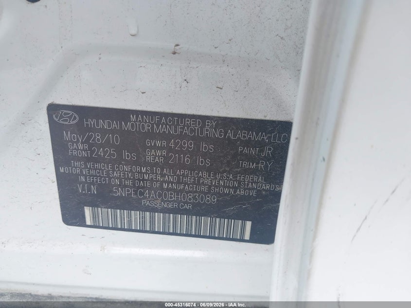 2011 Hyundai Sonata VIN 5NPEC4AC0BH083089 IAAI salvage auction — ROLLOVER, Clear (Indiana), sold $100 on 2026-07-10 (photo 9)