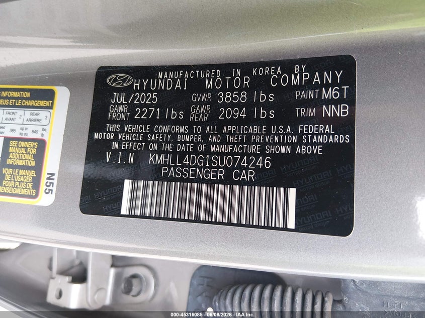 2025 Hyundai Elantra VIN KMHLL4DG1SU074246 IAAI salvage auction — REAR END, Salvage (Louisiana), sold $5,100 on 2026-07-28 (photo 9)
