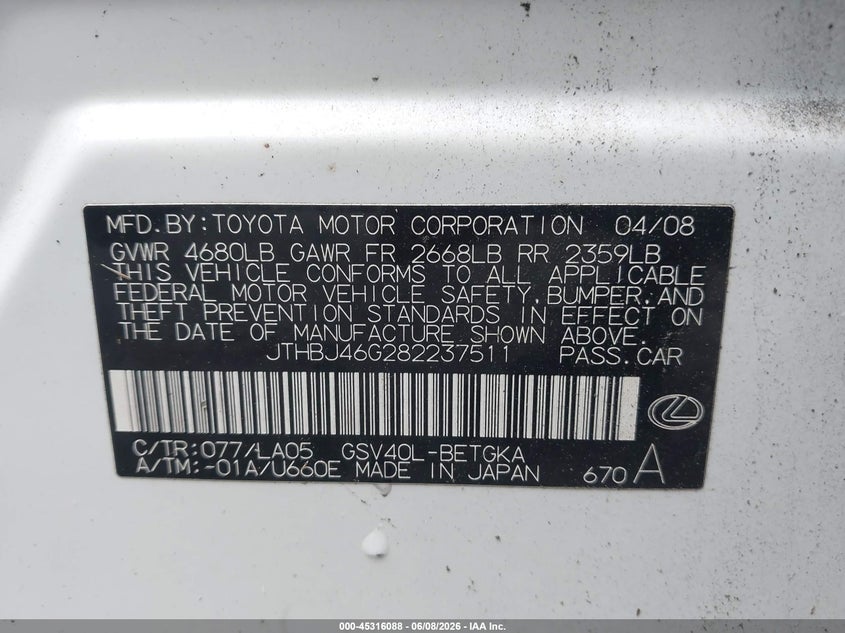 2008 Lexus ES VIN JTHBJ46G282237511 IAAI salvage auction — NORMAL WEAR, Clear (Georgia), sold $925 on 2026-07-10 (photo 9)