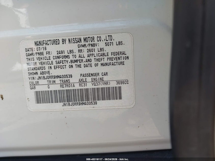 2017 Infiniti Qx50 VIN JN1BJ0RR9HM400539 IAAI salvage auction — RIGHT SIDE, Salvage Title, sold $1,050 on 2026-09-08 (photo 9)