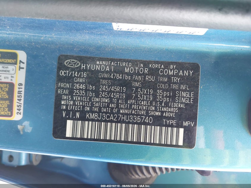 2017 Hyundai Tucson VIN KM8J3CA27HU335740 IAAI salvage auction — RIGHT FRONT, Salvage Title, sold $2,350 on 2026-07-22 (photo 9)