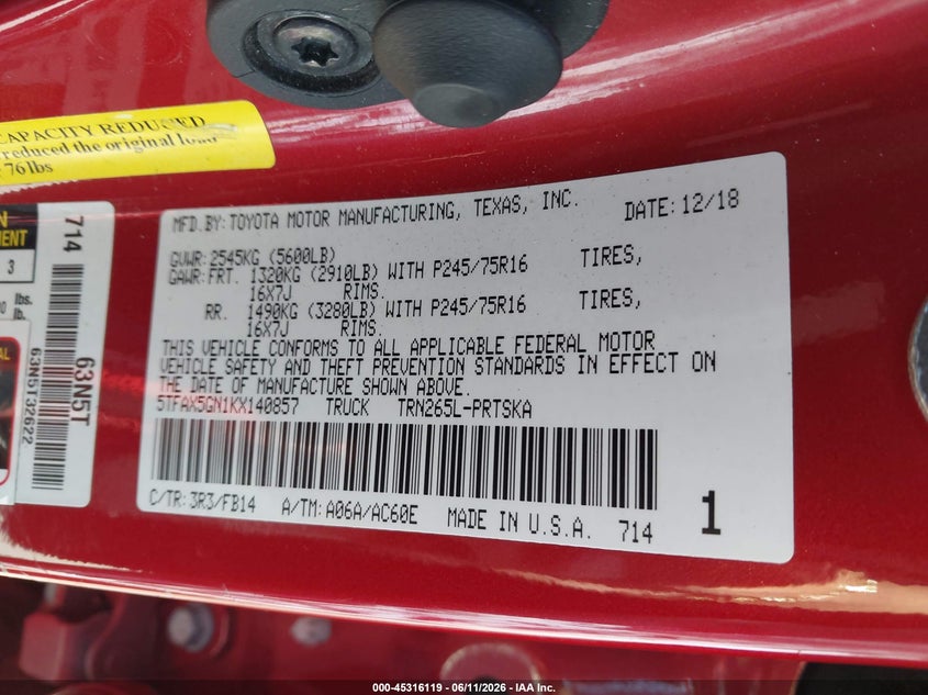2019 Toyota Tacoma VIN 5TFAX5GN1KX140857 IAAI salvage auction — FRONT END, Salvage (California), sold $11,100 on 2026-07-09 (photo 9)