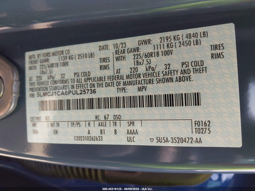 2023 Lincoln Corsair VIN 5LMCJ1CA6PUL25736 IAAI salvage auction — FRONT END, Salvage Title, sold $6,050 on 2026-07-27 (photo 9)