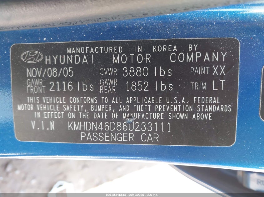 2006 Hyundai Elantra VIN KMHDN46D86U233111 IAAI salvage auction — NORMAL WEAR, Clear-Dealer Only (Arizona), sold $400 on 2026-07-28 (photo 9)