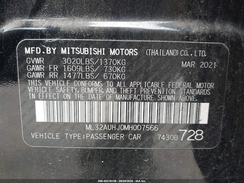 2021 Mitsubishi Mirage VIN ML32AUHJ0MH007566 IAAI salvage auction — FRONT END, Salvage (Texas), sold $1,350 on 2026-07-28 (photo 9)