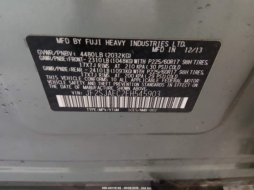 2014 Subaru Forester VIN JF2SJAEC2EH545903 IAAI salvage auction — SIDE, Salvage Title, sold $600 on 2026-07-20 (photo 9)