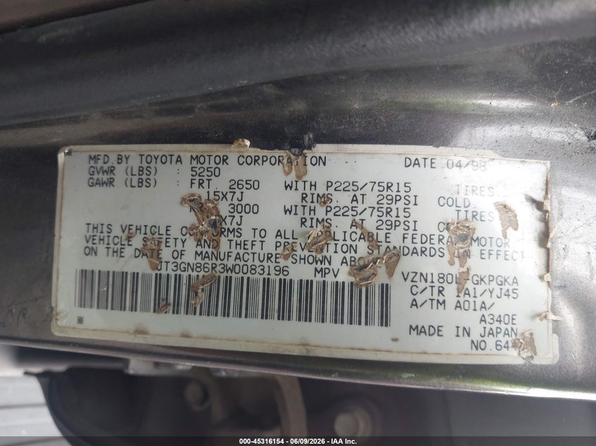 1998 Toyota 4runner VIN JT3GN86R3W0083196 IAAI salvage auction — REAR END, Salvage (Idaho), sold $25 on 2026-07-29 (photo 9)