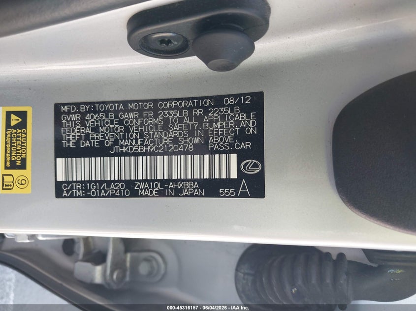 2012 Lexus Ct VIN JTHKD5BH9C2120478 IAAI salvage auction — NORMAL WEAR, Clear - Dealer Only (California), sold $5,350 on 2026-07-06 (photo 9)