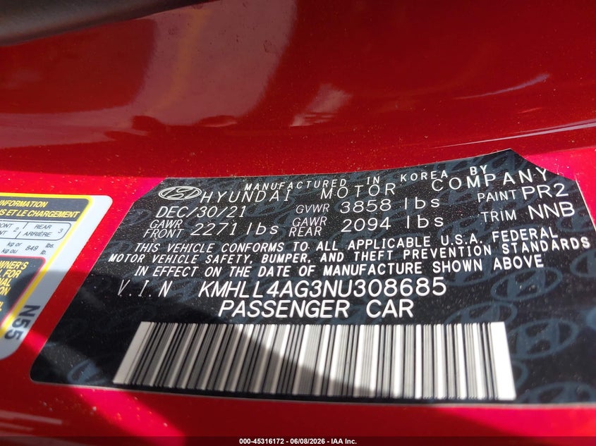 2022 Hyundai Elantra VIN KMHLL4AG3NU308685 IAAI salvage auction — REAR END, Salvage Title, sold $1,000 on 2026-07-30 (photo 9)