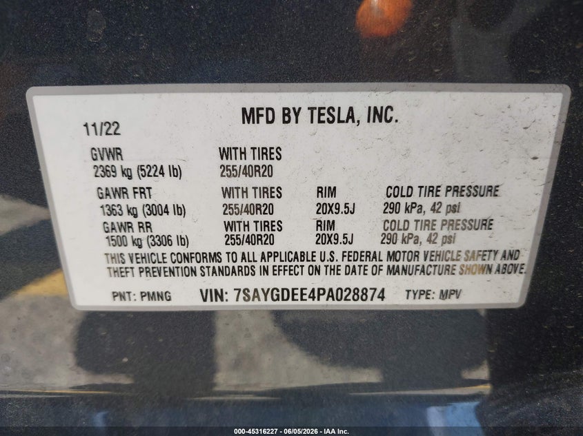 2023 Tesla Model y VIN 7SAYGDEE4PA028874 IAAI salvage auction — FRONT END, Salvage Title, sold $8,900 on 2026-07-06 (photo 9)