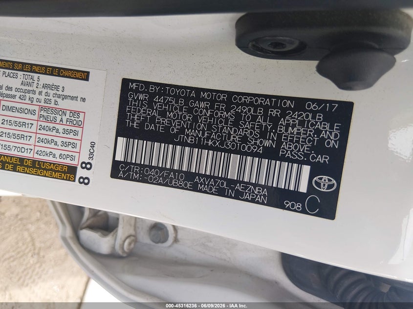 2018 Toyota Camry VIN JTNB11HKXJ3010094 IAAI salvage auction — LEFT & RIGHT, Salvage Title, sold $4,200 on 2026-07-09 (photo 9)
