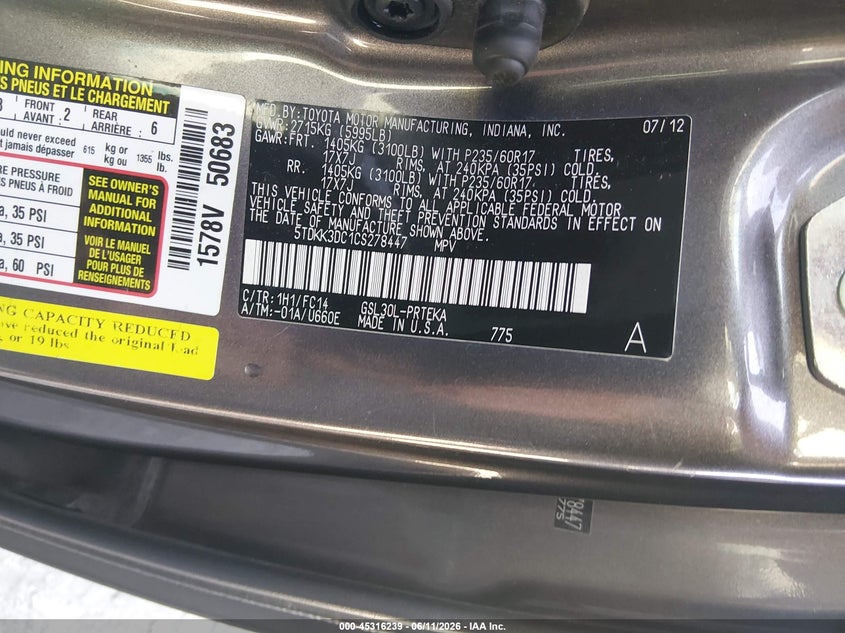 2012 Toyota Sienna VIN 5TDKK3DC1CS278447 IAAI salvage auction — FRONT END, Clear (Arkansas), sold $2,225 on 2026-07-20 (photo 9)
