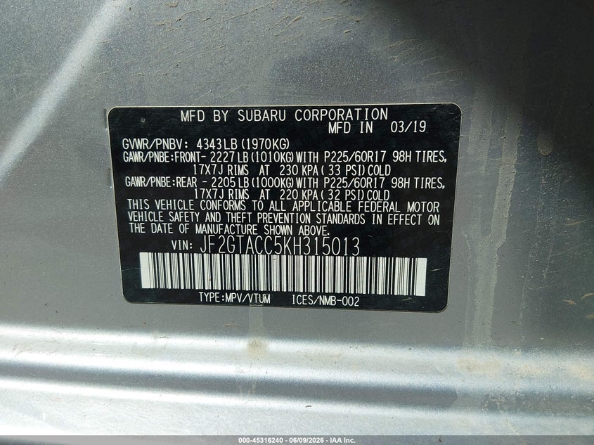 2019 Subaru Xv VIN JF2GTACC5KH315013 IAAI salvage auction — FRONT END, Salvage Title, sold $2,875 on 2026-07-16 (photo 9)