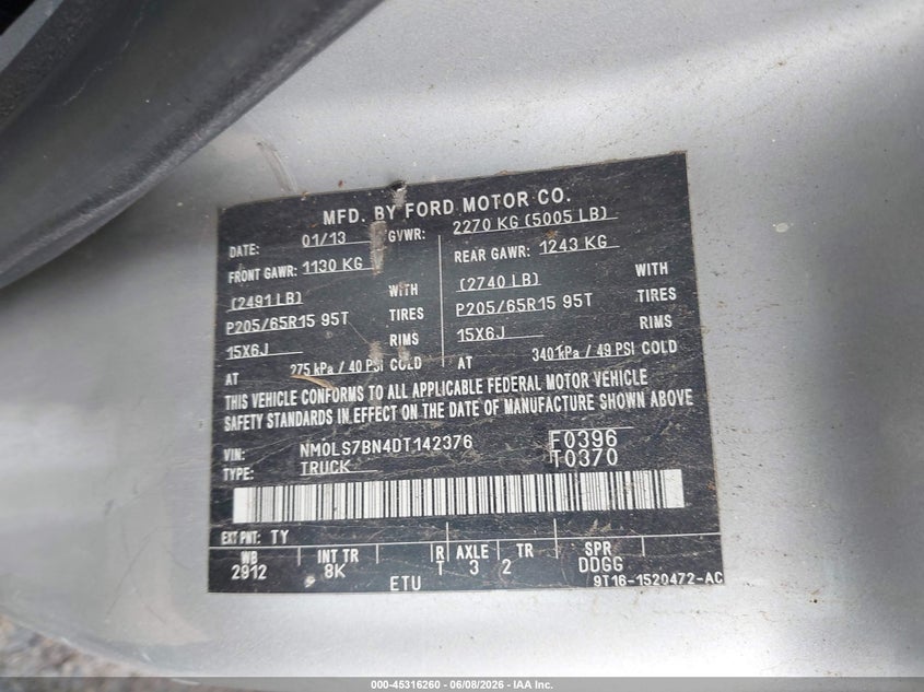 2013 Ford Transit VIN NM0LS7BN4DT142376 IAAI salvage auction — NORMAL WEAR, Clear (Illinois), sold $375 on 2026-07-22 (photo 9)
