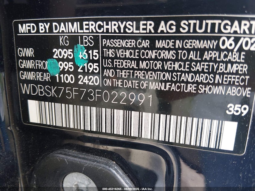 2003 Mercedes-benz Sl-klasse VIN WDBSK75F73F022991 IAAI salvage auction — FRONT END, Clear (Indiana), sold $3,250 on 2026-07-29 (photo 9)