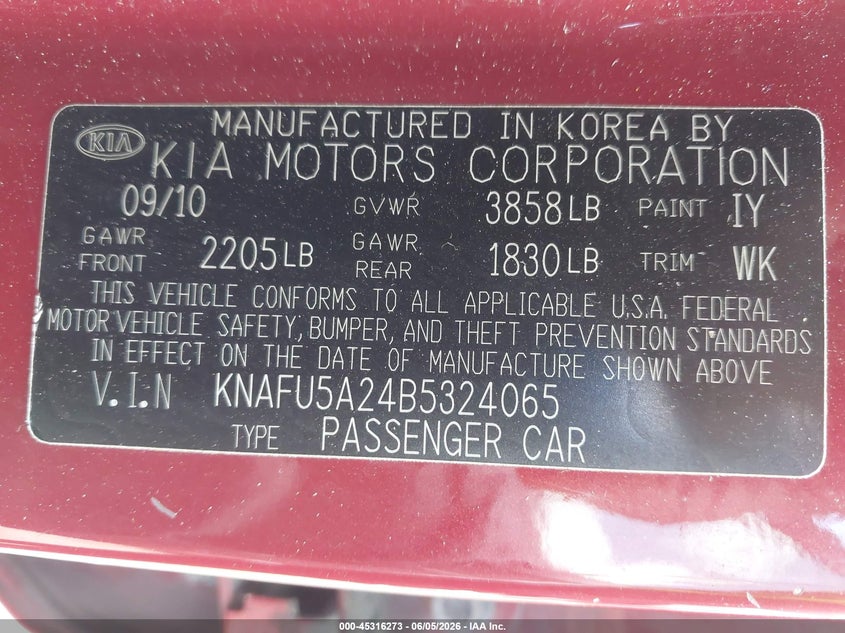 2011 Kia Forte VIN KNAFU5A24B5324065 IAAI salvage auction — FRONT END, Junk Bill Of Sale Mv2459 (Wisconsin), sold $250 on 2026-07-15 (photo 9)