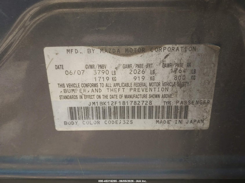 2008 Mazda 3 VIN JM1BK12F181782728 IAAI salvage auction — RIGHT SIDE, Salvage (Alabama), sold $250 on 2026-07-08 (photo 9)