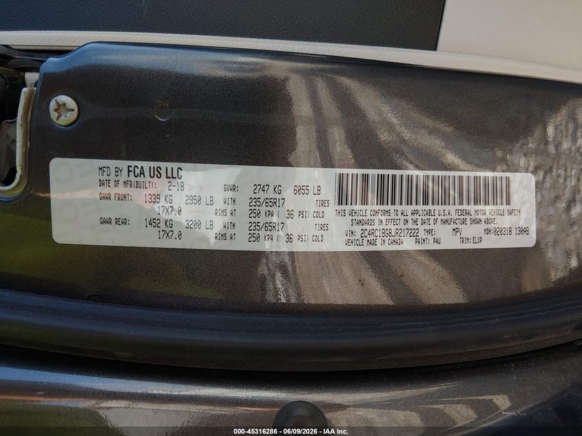 2018 Chrysler Pacifica VIN 2C4RC1BG8JR217222 IAAI salvage auction — FRONT END, Wait Title, sold $1,825 on 2026-09-11 (photo 9)