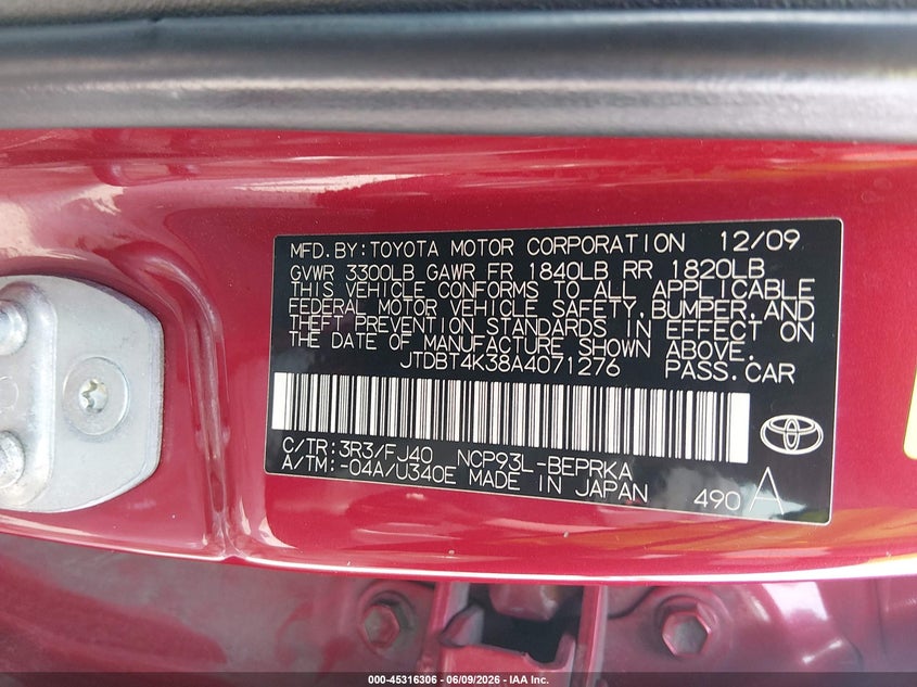 2010 Toyota Yaris VIN JTDBT4K38A4071276 IAAI salvage auction — FRONT END, Salvage (Virginia), sold $925 on 2026-07-10 (photo 9)