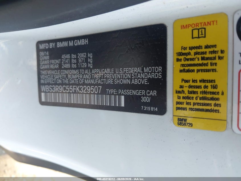 2015 BMW M4 VIN WBS3R9C55FK329507 IAAI salvage auction — WATER/FLOOD, Salvage Title, sold $11,250 on 2026-08-04 (photo 9)