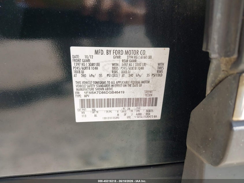 2013 Ford Explorer VIN 1FM5K7D86DGB46419 IAAI salvage auction — UNKNOWN, Rebuildable (Florida), sold $2,750 on 2026-07-09 (photo 9)