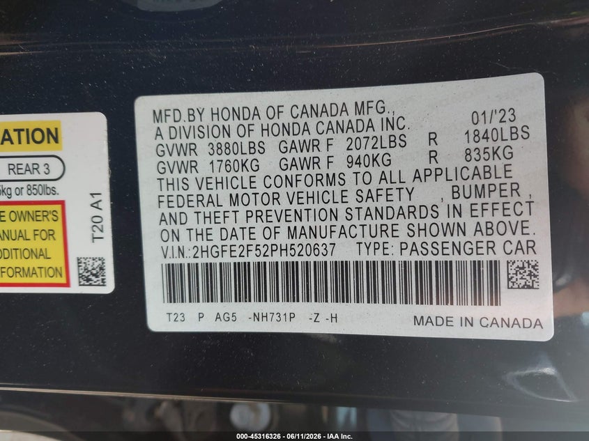 2023 Honda Civic VIN 2HGFE2F52PH520637 IAAI salvage auction — FRONT END, Salvage Title, sold $3,250 on 2026-07-23 (photo 9)