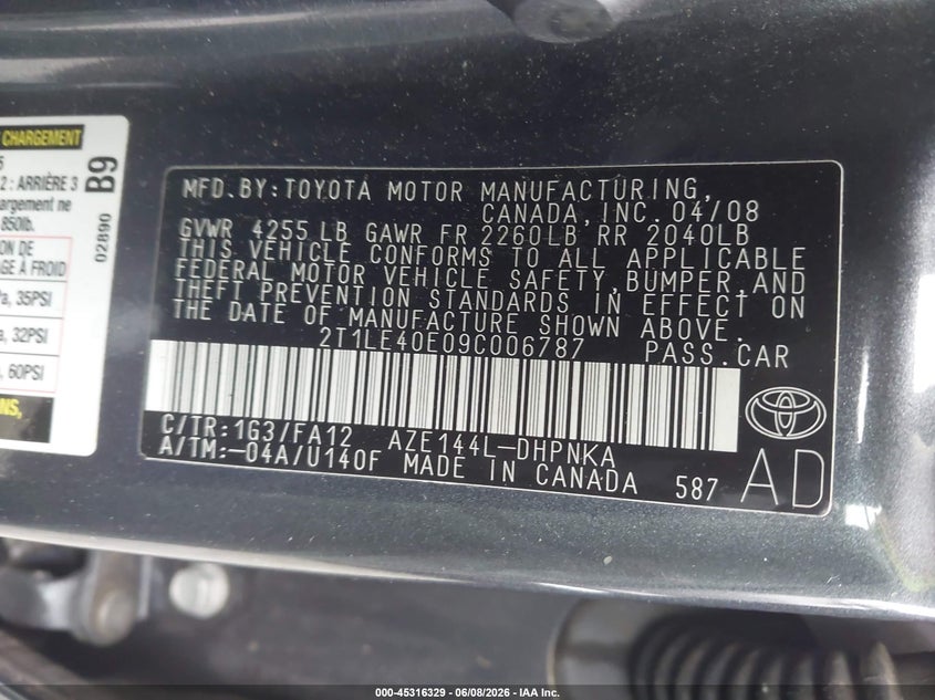 2009 Toyota Matrix VIN 2T1LE40E09C006787 IAAI salvage auction — FRONT END, Salvage (Georgia), sold $925 on 2026-07-09 (photo 9)
