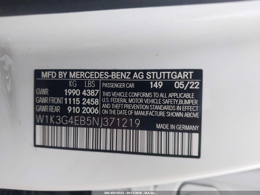 2022 Mercedes-benz A-klasse VIN W1K3G4EB5NJ371219 IAAI salvage auction — RIGHT FRONT, Salvage (Louisiana), sold $4,050 on 2026-08-02 (photo 9)