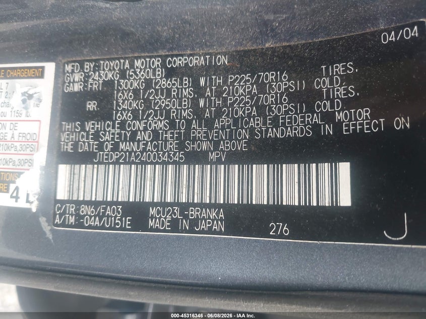 2004 Toyota Highlander VIN JTEDP21A240034345 IAAI salvage auction — LEFT SIDE, Repossession Paperwork (Georgia), sold $1,025 on 2026-07-14 (photo 9)