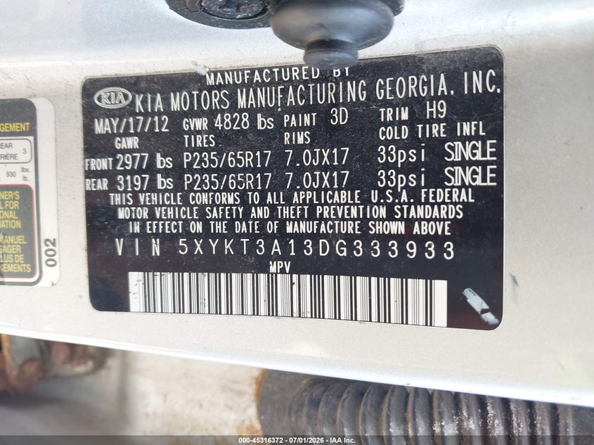 2013 Kia Sorento VIN 5XYKT3A13DG333933 IAAI salvage auction — NORMAL WEAR, Clear (New York), sold $900 on 2026-07-07 (photo 9)