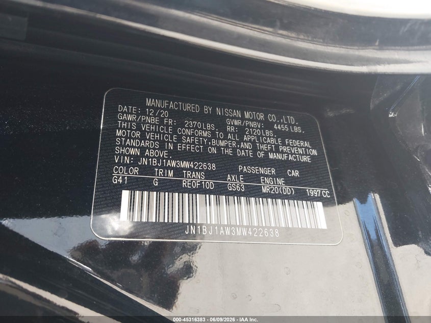2021 Nissan Rogue VIN JN1BJ1AW3MW422638 IAAI salvage auction — LEFT SIDE, Salvage Title, sold $3,900 on 2026-07-13 (photo 9)