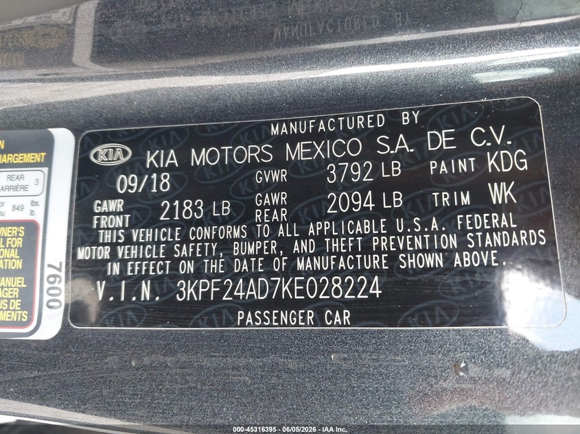 2019 Kia Forte VIN 3KPF24AD7KE028224 IAAI salvage auction — SIDE, Salvage Title, sold $2,000 on 2026-07-10 (photo 9)