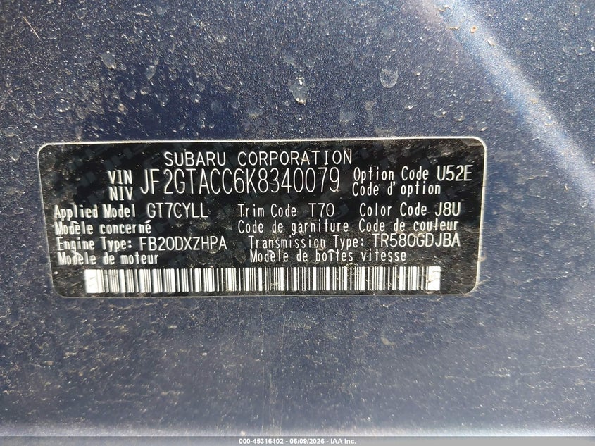 2019 Subaru Xv VIN JF2GTACC6K8340079 IAAI salvage auction — FRONT END, Salvage Title, sold $2,300 on 2026-07-15 (photo 9)