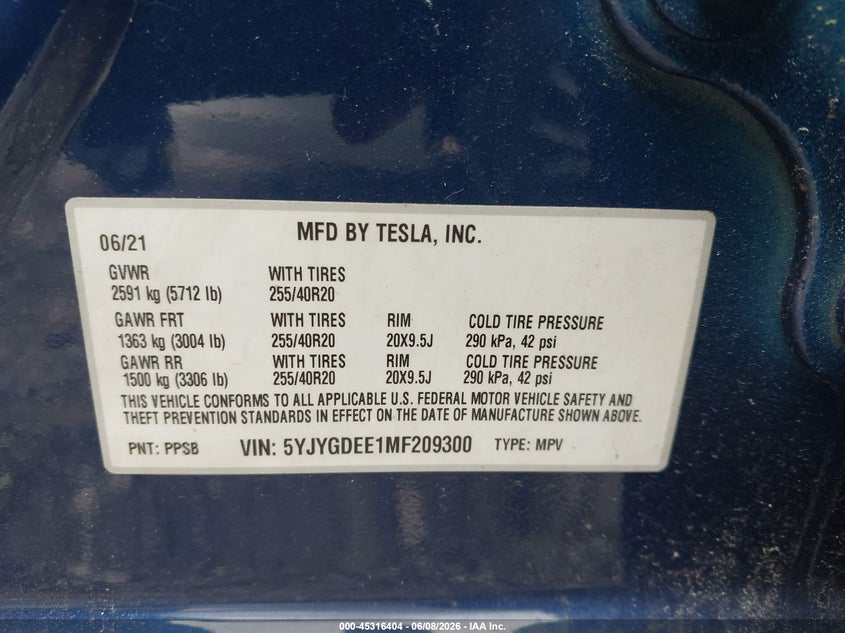 2021 Tesla Model y VIN 5YJYGDEE1MF209300 IAAI salvage auction — FRONT END, Salvage Title, sold $525 on 2026-07-22 (photo 9)