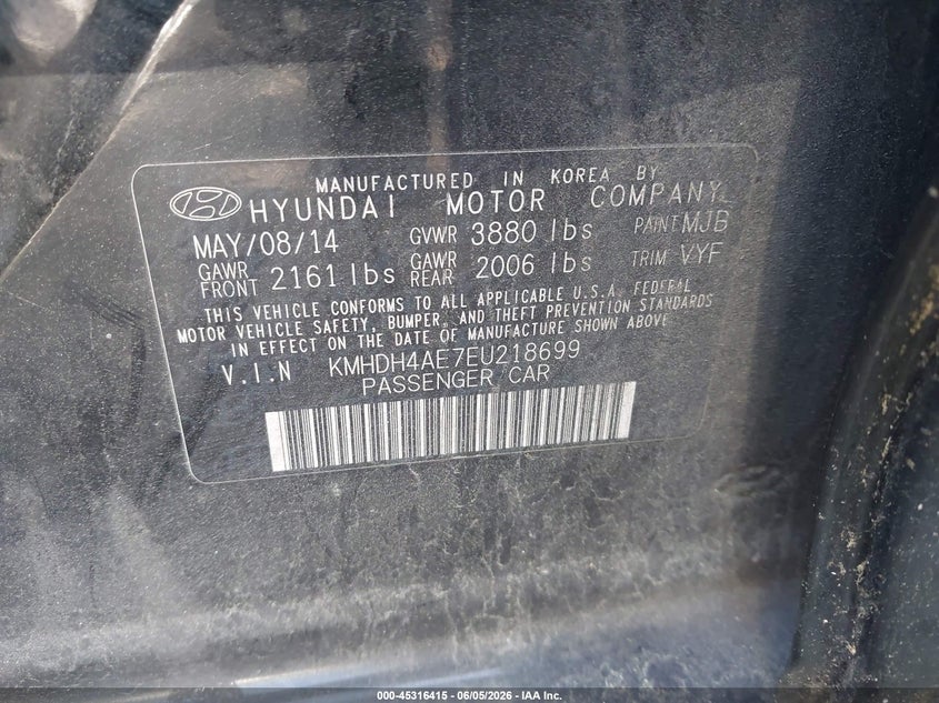 2014 Hyundai Elantra VIN KMHDH4AE7EU218699 IAAI salvage auction — NORMAL WEAR, Clear (Virginia), sold $400 on 2026-07-07 (photo 9)