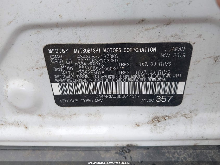 2020 Mitsubishi Outlander VIN JA4AP3AU6LU014317 IAAI salvage auction — FRONT END, Salvage (Ohio), sold $2,050 on 2026-07-28 (photo 9)