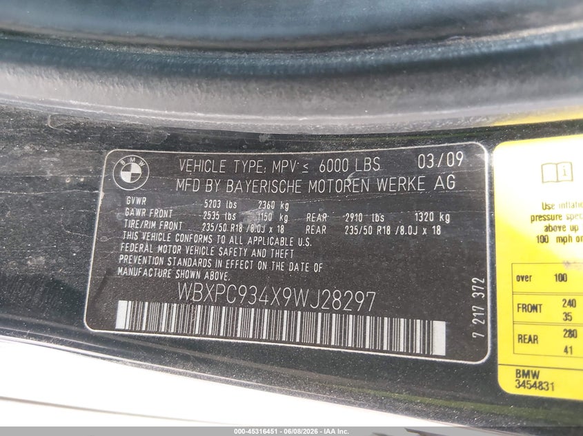 2009 BMW X3 VIN WBXPC934X9WJ28297 IAAI salvage auction — NORMAL WEAR, Clear (New Mexico), sold $425 on 2026-07-22 (photo 9)
