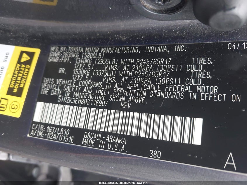 2013 Toyota Highlander VIN 5TDZK3EH8DS116907 IAAI salvage auction — FRONT END, Salvage Title, sold $850 on 2026-07-22 (photo 9)