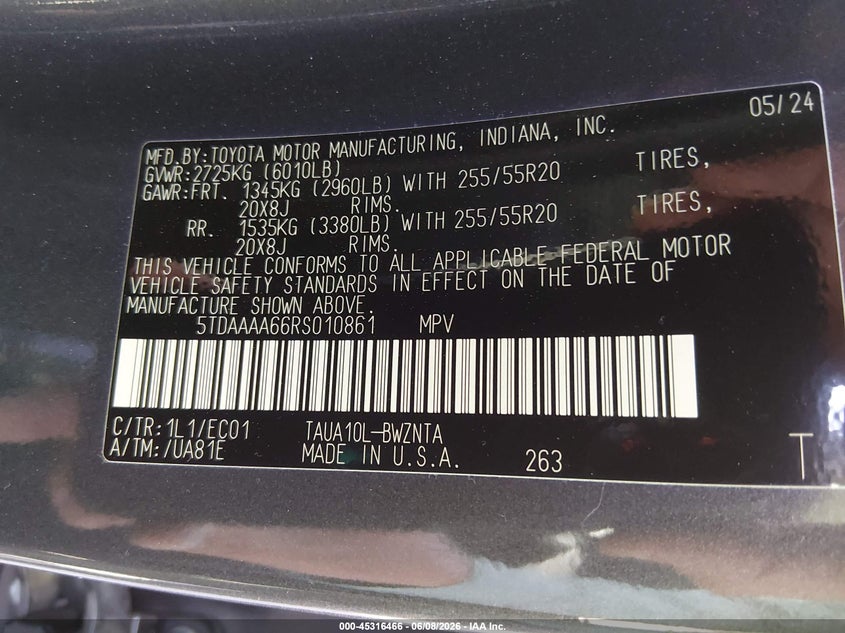 2024 Lexus Tx VIN 5TDAAAA66RS010861 IAAI salvage auction — RIGHT REAR, Wait Title, sold $22,100 on 2026-08-25 (photo 9)