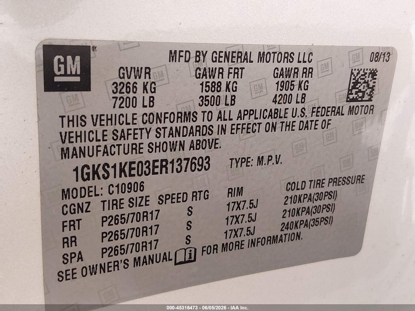 2014 Gmc Yukon VIN 1GKS1KE03ER137693 IAAI salvage auction — RIGHT FRONT, Salvage Title, sold $1,000 on 2026-07-09 (photo 9)