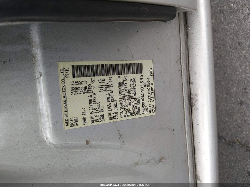 2011 Nissan Frontier VIN 1N6AD0ER2BC401595 IAAI salvage auction — REAR END, Salvage (Kentucky), sold $1,150 on 2026-07-10 (photo 9)