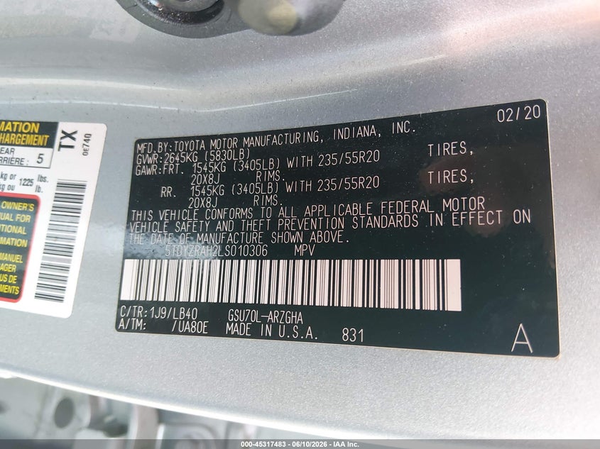 2020 Toyota Highlander VIN 5TDYZRAH2LS010306 IAAI salvage auction — FRONT END, Salvage (Kentucky), sold $12,125 on 2026-07-20 (photo 9)