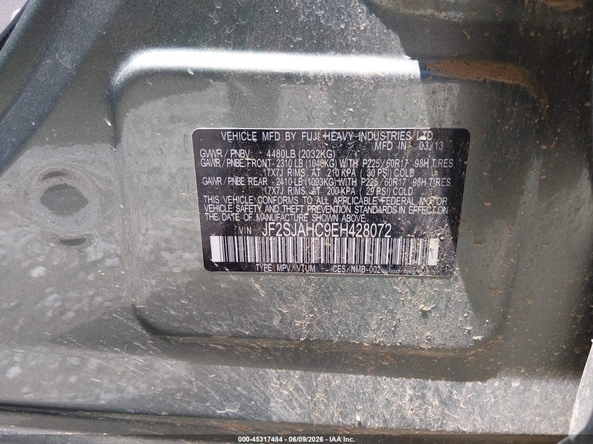 2014 Subaru Forester VIN JF2SJAHC9EH428072 IAAI salvage auction — FRONT END, Salvage Title, sold $225 on 2026-07-13 (photo 9)