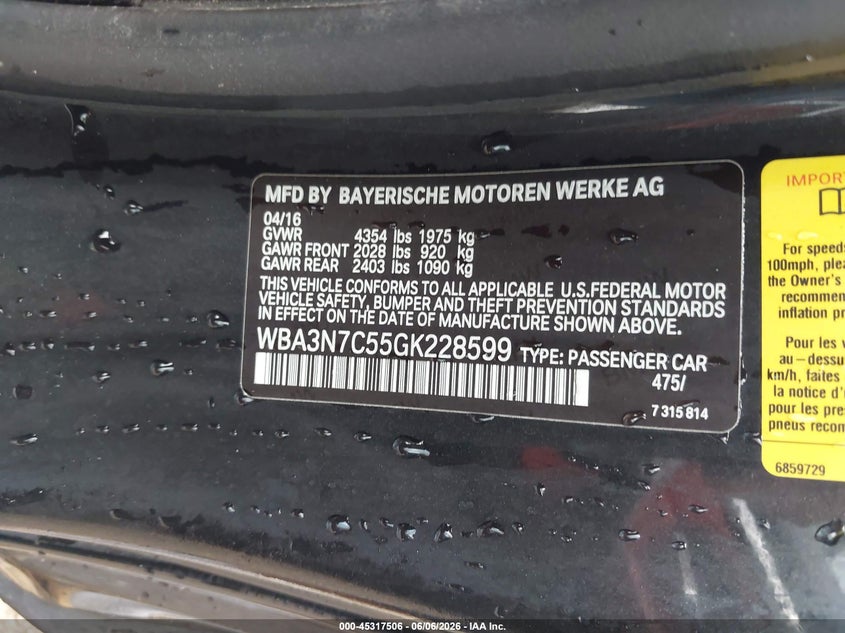 2016 BMW 4er VIN WBA3N7C55GK228599 IAAI salvage auction — FRONT END, Salvage Title, sold $4,100 on 2026-07-21 (photo 9)