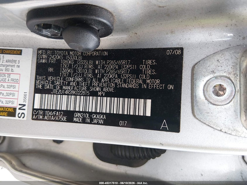 2008 Toyota 4runner VIN JTEZU14R28K022815 IAAI salvage auction — FRONT END, Salvage (South Carolina), sold $2,100 on 2026-07-28 (photo 9)