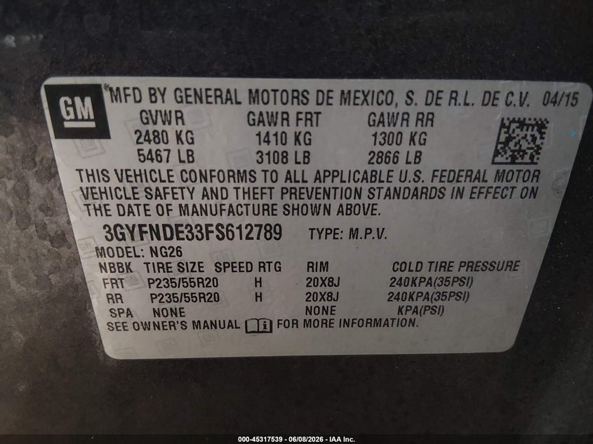 2015 Cadillac Srx VIN 3GYFNDE33FS612789 IAAI salvage auction — FRONT END, Certificate Of Title (Nebraska), sold $550 on 2026-08-19 (photo 9)