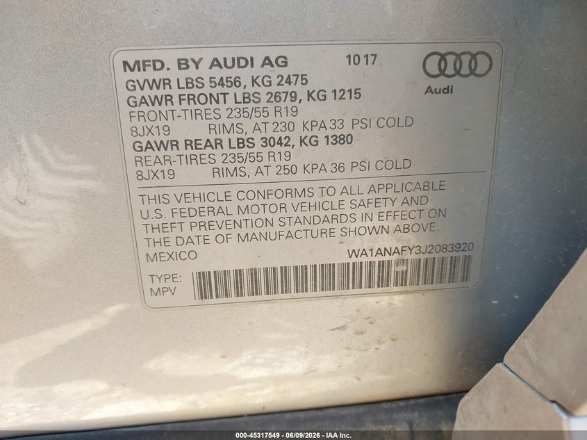 2018 Audi Q5 VIN WA1ANAFY3J2083920 IAAI salvage auction — FRONT END, Wait Title, sold $3,850 on 2026-08-24 (photo 9)