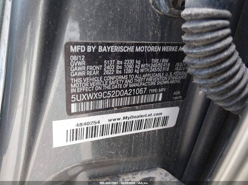 2013 BMW X3 VIN 5UXWX9C52D0A21067 IAAI salvage auction — NORMAL WEAR, Original (Texas), sold $825 on 2026-07-24 (photo 9)
